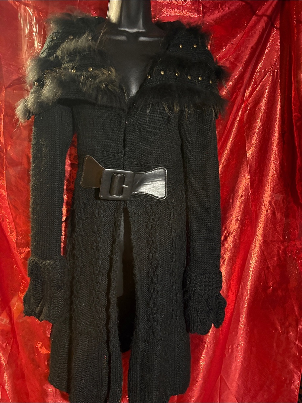 Black Faux-Fur Trim Knit Cardigan Sweater with Belt